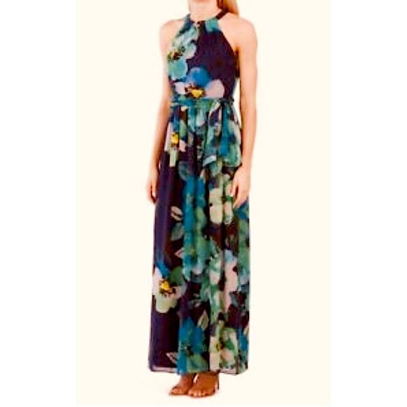 Eliza J Tropical Floral Print Halter Maxi Dress Blue Size 0 NWT - Picture 1 of 10